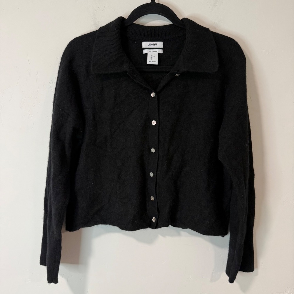 Jason Wu Cardigan Sweater Large Black 100% Cashmere Polo Collar Button Front